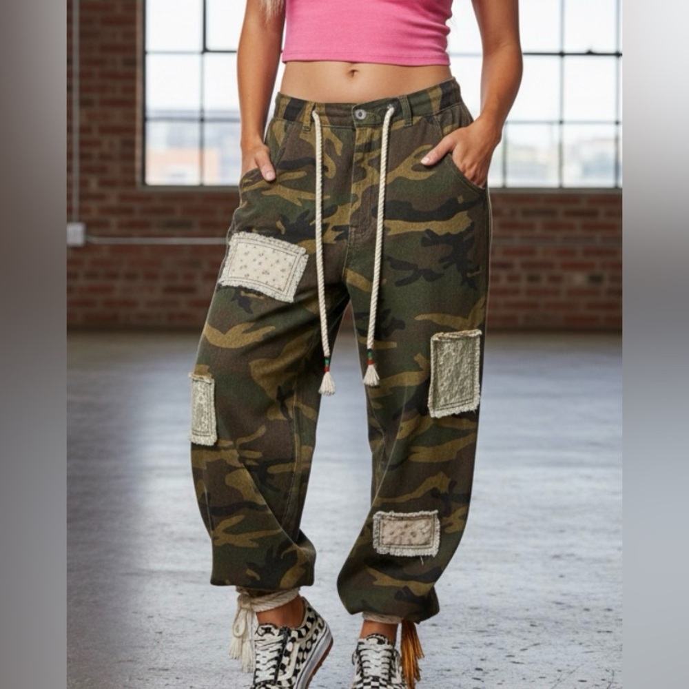 NWT POL Boho Patchwork Relaxed Fit Camo Camouflage Jogger Drawstring Pants - Picture 2 of 10
